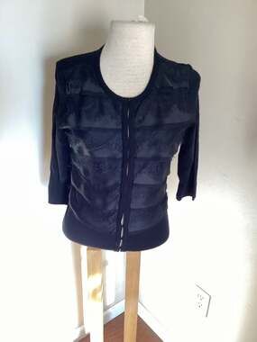 White House Black Market Black Tiered Lace Ruffle Cardigan Sweater Small